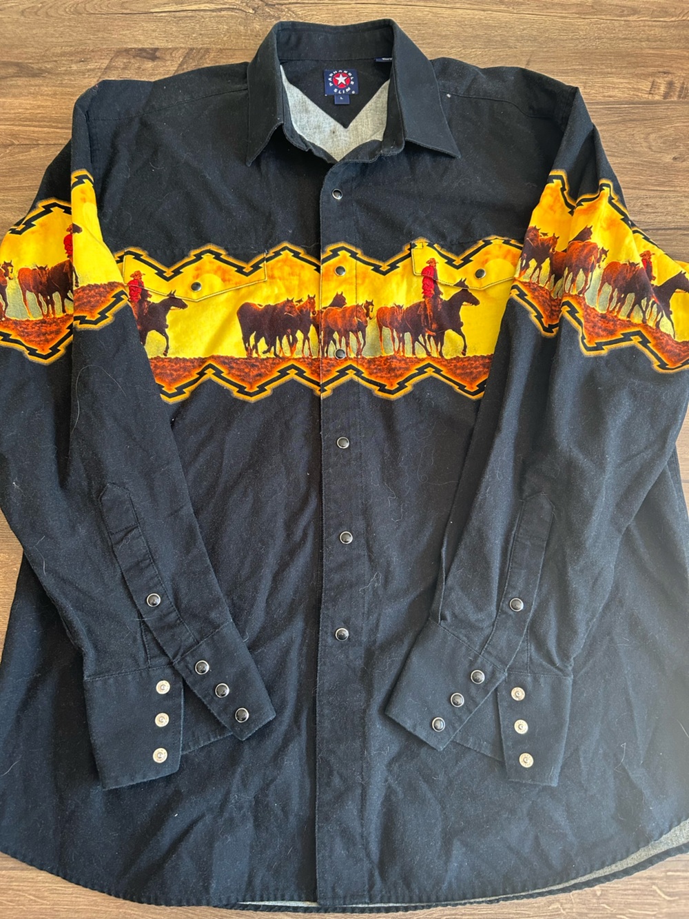 Vintage Panhandle Slim Black Cowboy/Horse Border Print Western Shirt